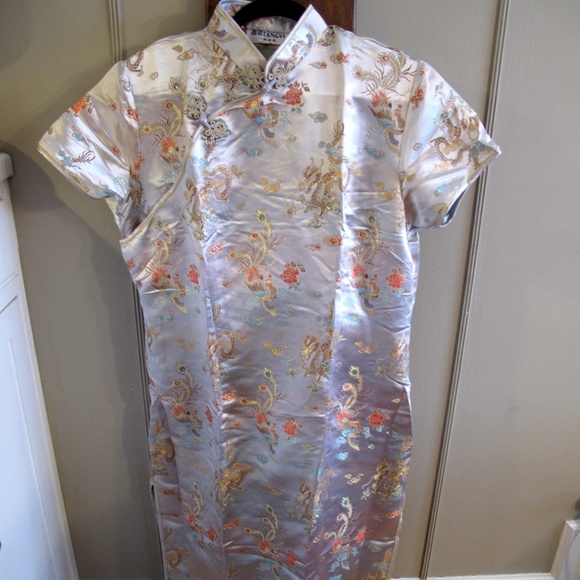 CHINESE CHEONGSAM/QIPAO Dress Traditional Brocade TANG YI Champagne 48 NWOT - Picture 1 of 15